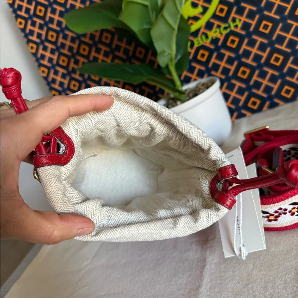 NWT Emerson Warm Red Woven mini Bucket Bag with Embroidered Strap